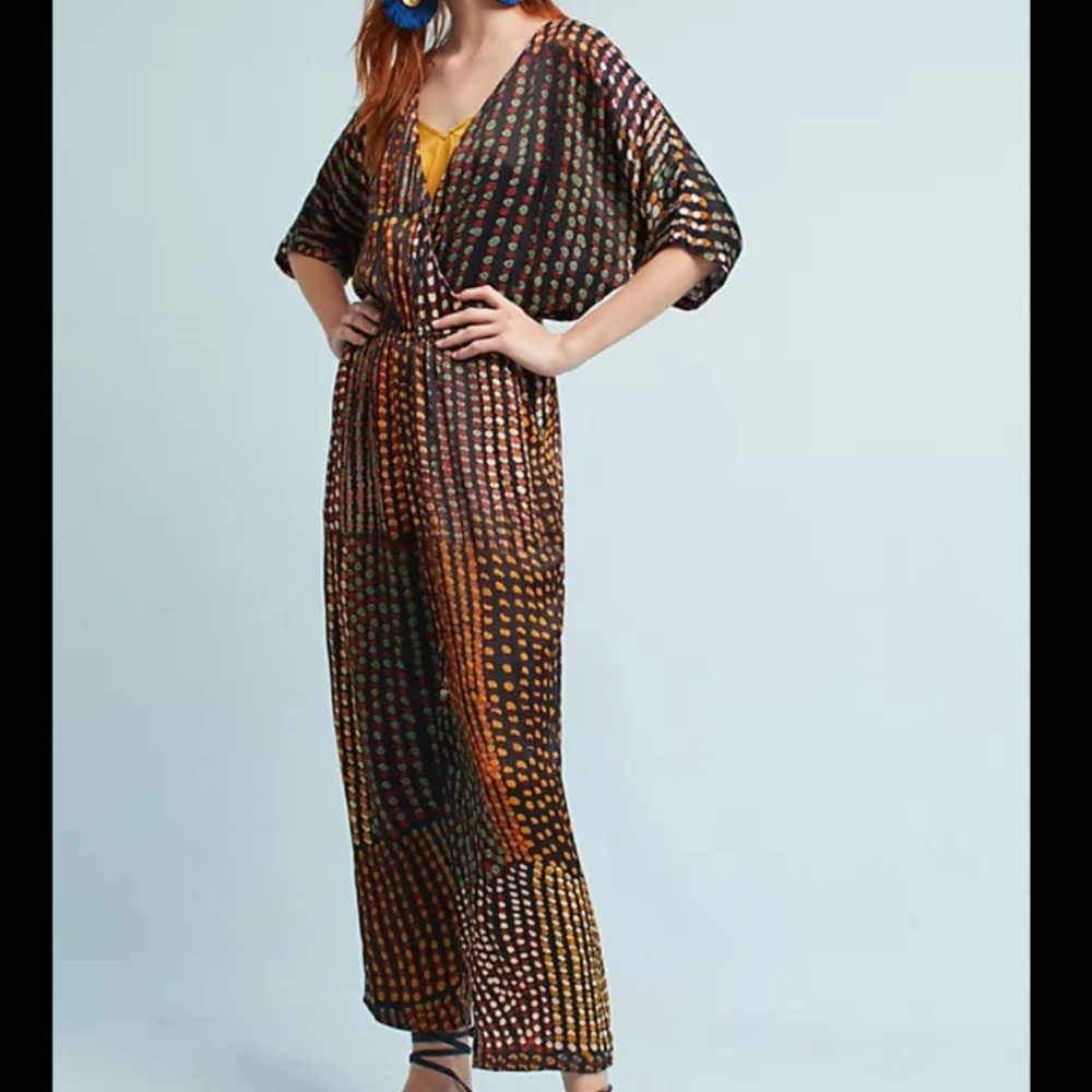 Printed V-Neck Wide-Leg Jumpsuit in Brown and Mustard